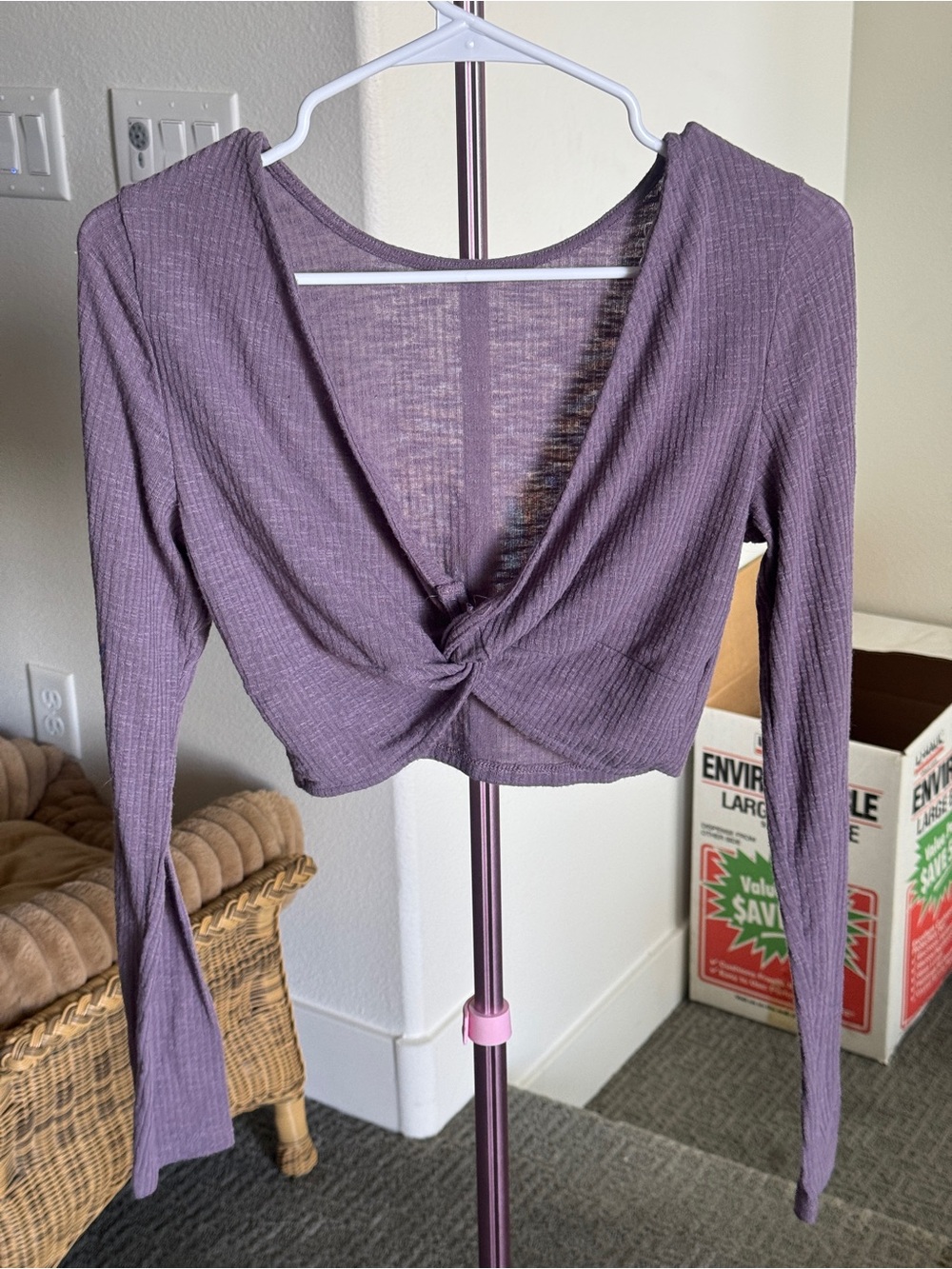Aeropostale Purple Ribbed Twist-Front Long Sleeve Crop Top